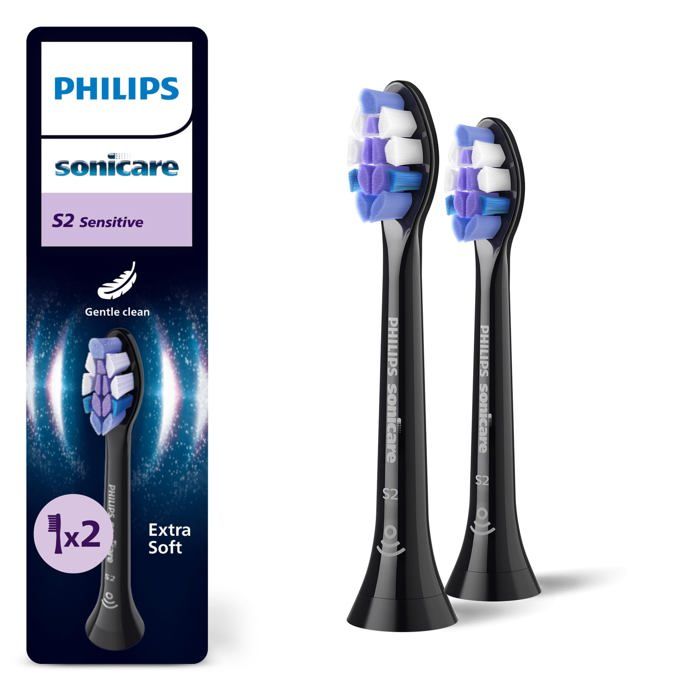 Têtes de brosse de rechange sensibles - Philips - S2 Sensitive - Lot de 2 - Noir - Élimine jusquà 10x plus de plaque
