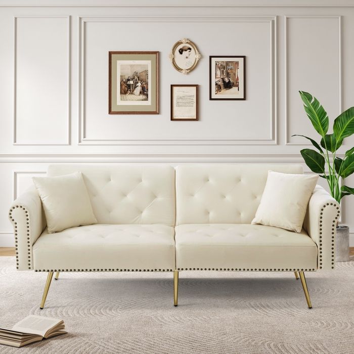 Canapé convertible - RAVAS - Banquette 2 places - Velours blanc - Dossier réglable - Espace de rangement