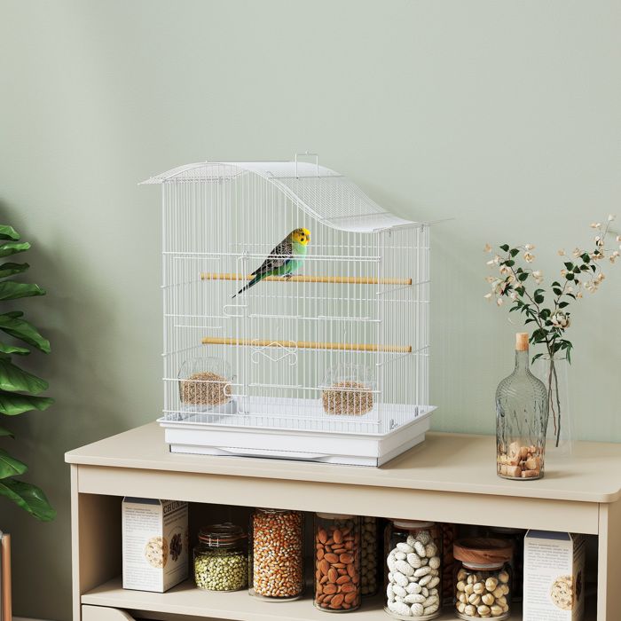 Comparer les prix de Cage à oiseau volière avec 4 portes 2 perchoirs plateau coulissant pour inséparables perruches 475x36x545cm blanc