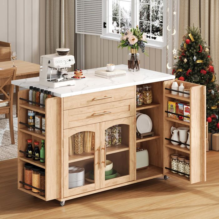 Îlot de Cuisine Mobile - avec Table Rabattable Portes Vitrées 2 Tiroirs et Étagères – 120 x 45 (70) x 90 cm - Bois Naturel Îlot de Cuisine Mobile - avec Table Rabattable Portes Vitrées 2 Tiroirs et Étagères – 120 x 45 (70) x 90 cm - Bois Naturel