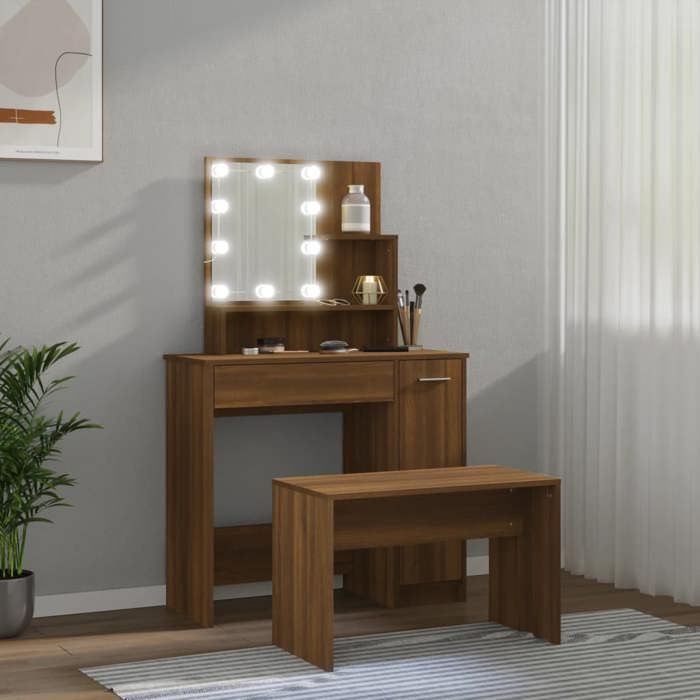 (NEW 2026)Ensemble de coiffeuse - CLOUD - Meuble de Chambre - 1 Personne - avec LED Chêne marron - Bois dingénierie 3923197