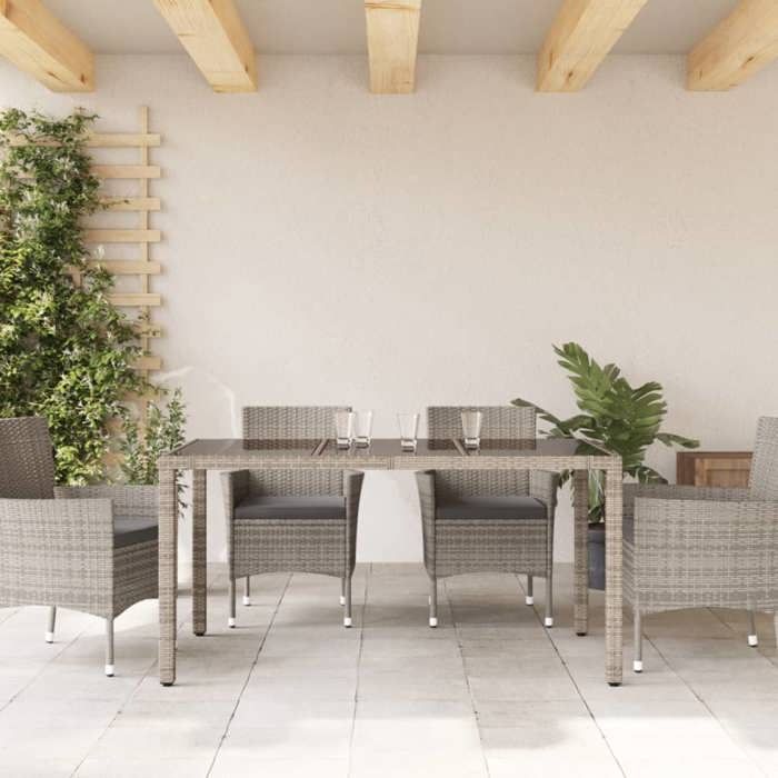 （SOLDES Dété）TABLE 2/4 PERSONNES - Table de jardin - SHIELD - Table cuisine - dessus en verre Gris 150x90x75cm Résine tressée 51756