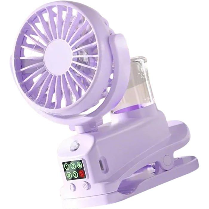 Ventilateur à Pince Ventilateur de Bureau à 4 Vitesses Mini Ventilateur Rechargeable par USB avec Spray Humidificateur- Violet