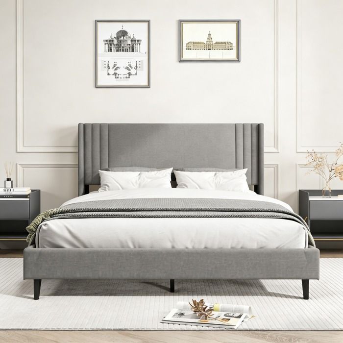 Lit adulte 160x200 cm lit 160x200 avec sommier Tête de lit capitonné en lin 15 cm de rangement Cadre de lit double Gris