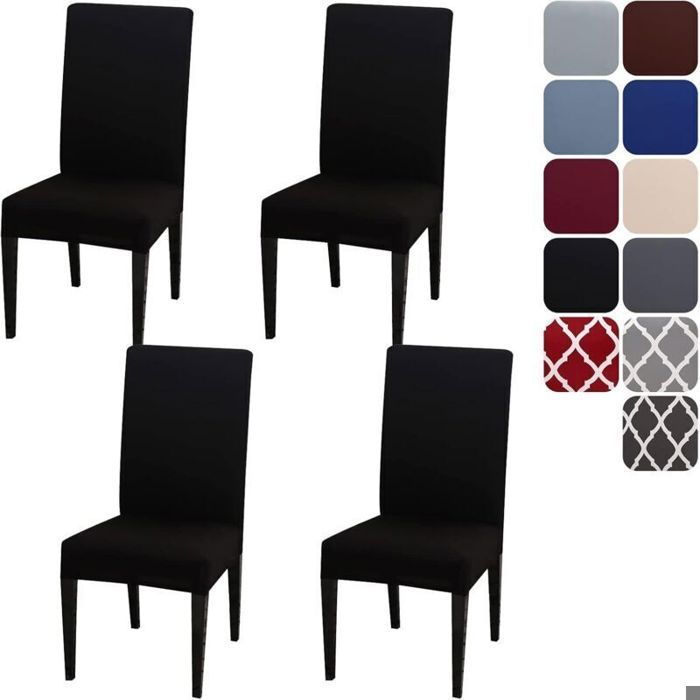 Housse de chaise extensible - PZCC - Lot de 4 - Noir - Lavable en machine - Installation facile - Extensible et durable