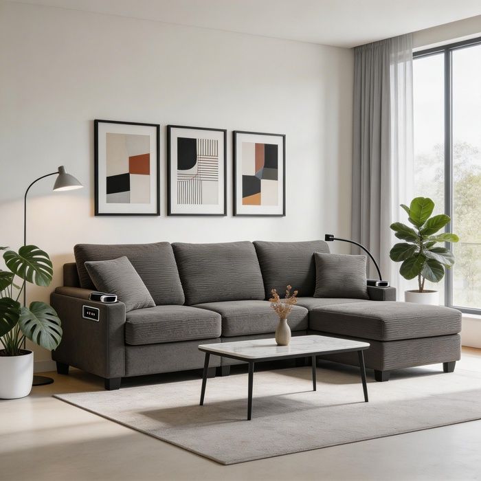Canapé dangle - MINIMAL - N653P313096D - Velours côtelé gris foncé - 2135×139×87 cm (4 places) - Port USB & rangements