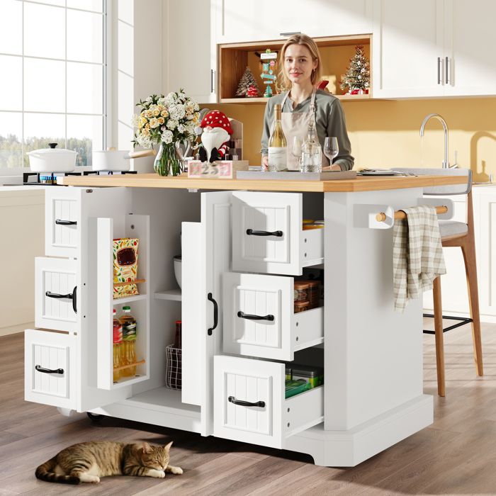 Desserte îlot de Cuisine sur Roulettes avec Plan de Travail Rabattable Meuble Cuisine avec 6 Tiroirs 2 Portes avec RangementBlanc