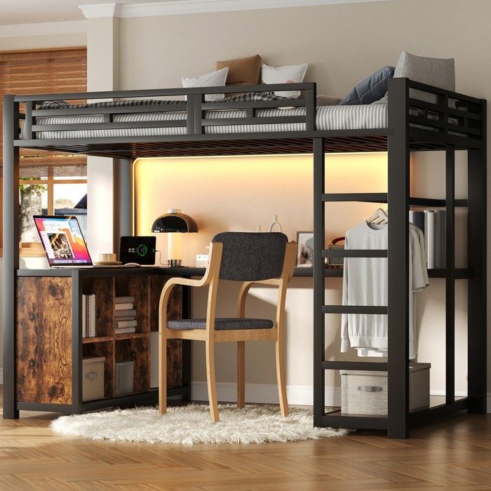CollaHausse Lit Mezzanine Métal 140x200cm Noir avec Espace Travail Intégré LED Ports USB et Rangements