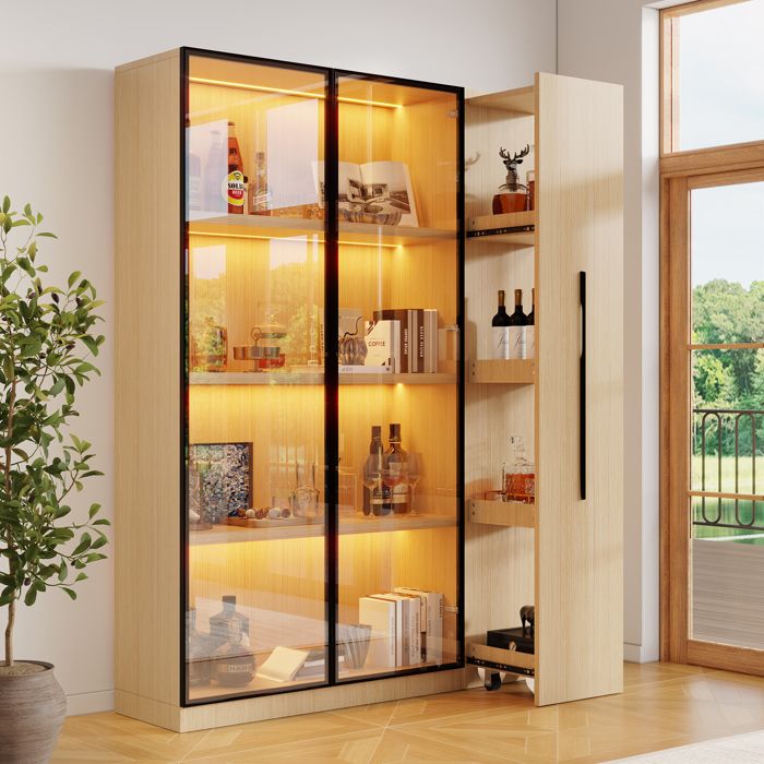 Armoire multifonction 110.5×35×160cm – Bibliothèque et vitrine avec LED porte en verre tiroir latéral à roulettes meuble moderne