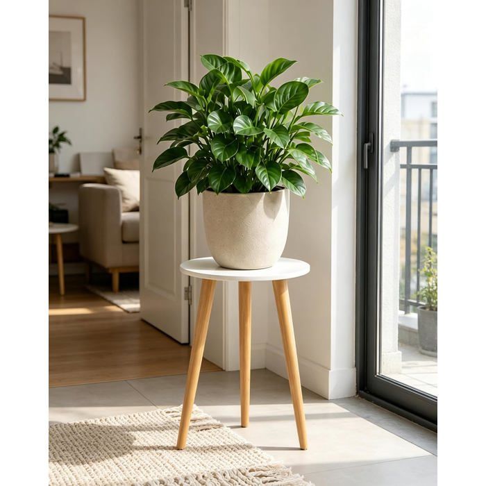 Support plante rond 40 cm en bois massif blanc - Table dappoint et repose-plante pour intérieur
