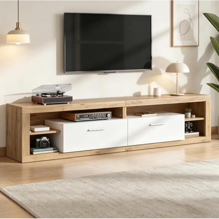 Meuble TV 180cm Bois Naturel Et Blanc Banc TV LED FloraGrace Pour Salon Et Sejour Controle Par Application 180x35 5x50cm