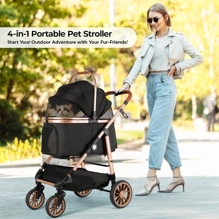 Poussette pour Chien Tout Terrain Pliable jusquà 25 kg Sac de Transport Pliable Caoutchouc 360° avec Suspension Amortissante Noir