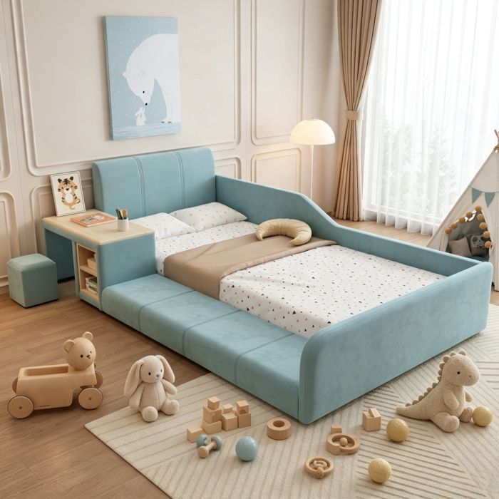 Lit simple enfant 90×200cm - URTR - avec bureau tabouret assorti et étagère - tissu velours - lit rembourré - sans matelas - bleu