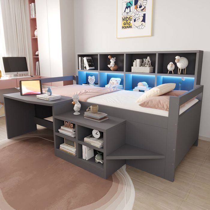 Lit enfant - WESTYLE - Design 3-en-1 - 90x200 cm - Bureau intégré - Escalier rangement avec LED & prises USB