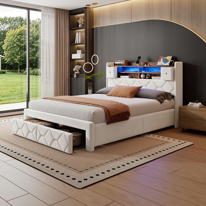 Lit double 160x200 cm - Lit adult pour 2 personnes - Lit avec rangements et LED et Type-C - 4 tiroirs - Sommier inclus - Beige