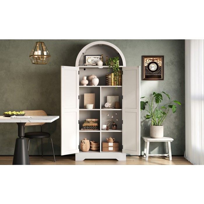 Vitrine armoire haute 70x35x170 cm blanche en MDF avec arche étagères réglables et portes TYNQER