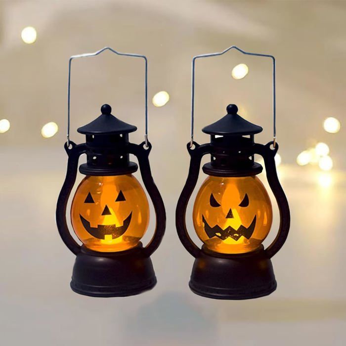 Lot de 2 Lanternes Citrouille Halloween LED Effet Flamme Vacillante Lampe Portable Orange Intérieur Extérieur
