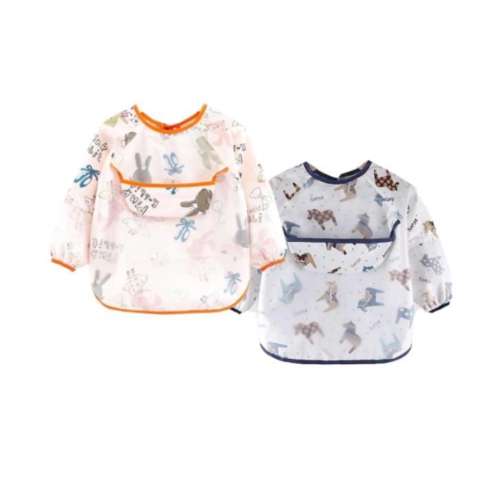 Bavoirs Bébé à Manches Longues Lot De 2 - Étanche Et Imperméable - Pour Alimentation Et Jeu - 3 à 24 Mois