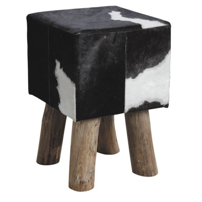 tabouret carré en bois et peau de vache