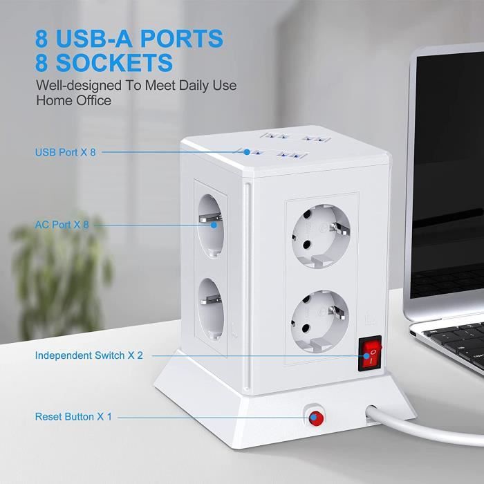 Tour Multiprise USB avec 11 Prises et 3 Ports USB, Bloc Multiprise