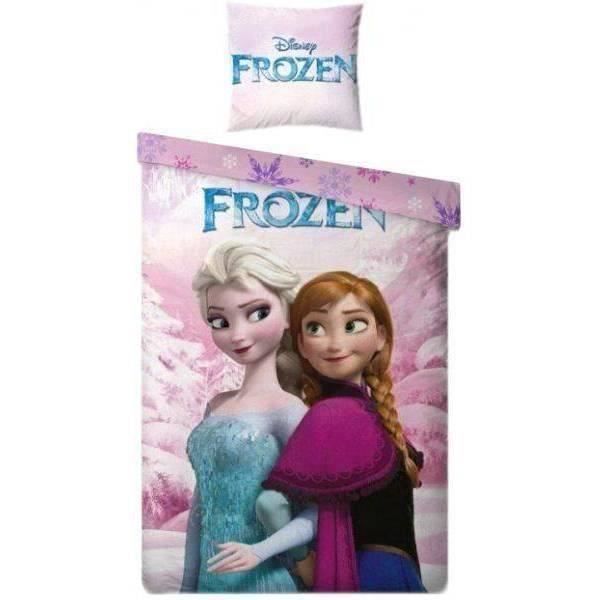 Parure de lit : Housse de Couette REINE DES NEIGES imprimé Frozen Enjoy 63x63 + Taie dOreiller - 100% Coton 140x200