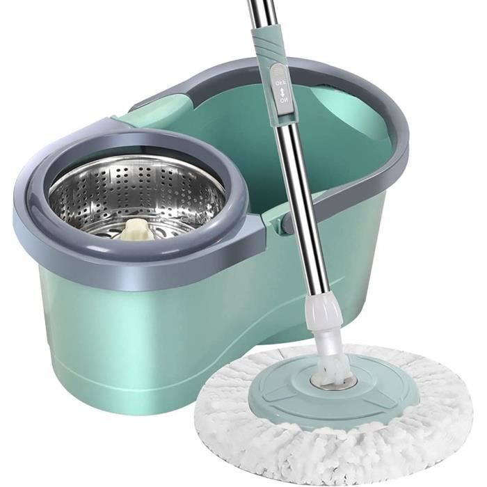Ensemble de Vadrouille et Seau Essoreur en Microfibre, Balai Serpillière Rotative 360° avec 4 Roues, Vadrouille à Essorage Automatique avec 2 Têtes de Rechange pour Nettoyage de Sol