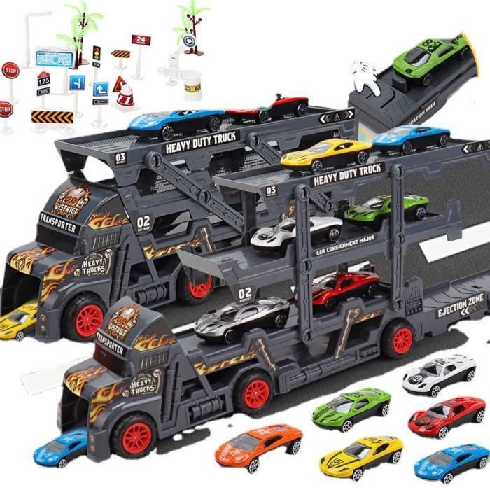 Camion Transporteur De Voitures Jouet - 10 Petites Voitures Incluses - Se Transforme En Circuit De Course - Pour Enfants 3-6 Ans