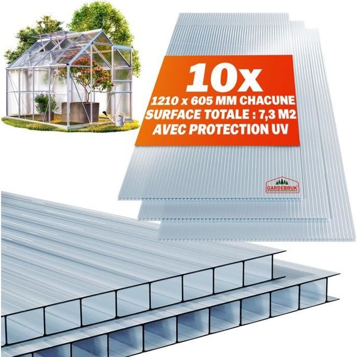 Plaques de polycarbonate creux 6mm 121x60,5cm GARDEBRUK® pour serre de jardin résistantes aux UV