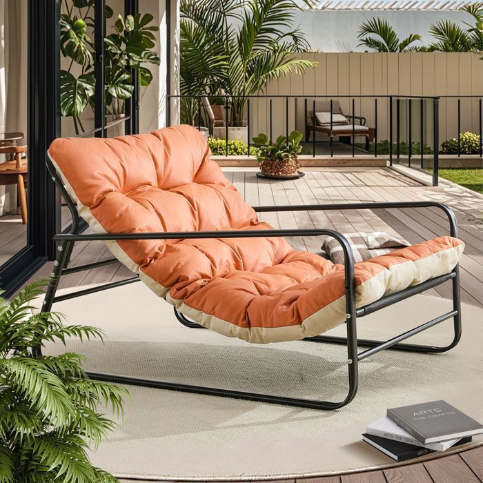 Chaise Longue Jardin Intérieur/Extérieur – Coussin Réversible Épais – Fauteuil Relax Confortable – Structure Acier – Orange/Beige
