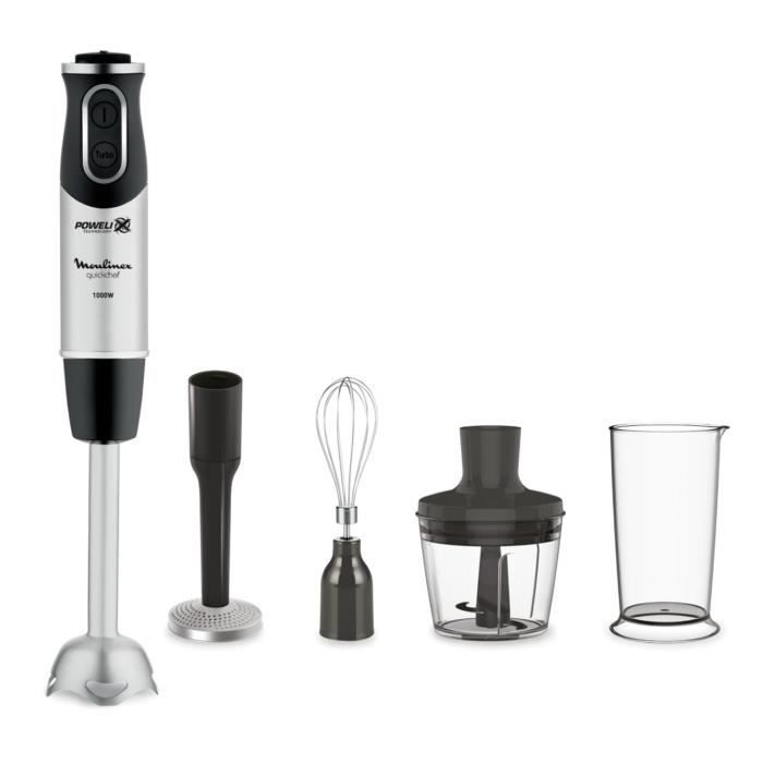 moulinex mixeur plongeant 4en1 quickchef, 10 vitesses, mini hachoir, fouet, presse purée, gobelet 800 ml, 1000w, noir/inox dd65h810