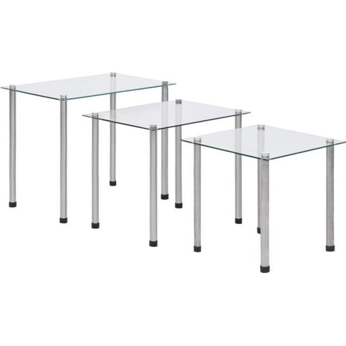 3288Elégance- Tables gigognes 3 pcs Tables dappoints pour Salon Table Basse Transparent Verre trempé Taille:455 x 295 x 37 cm