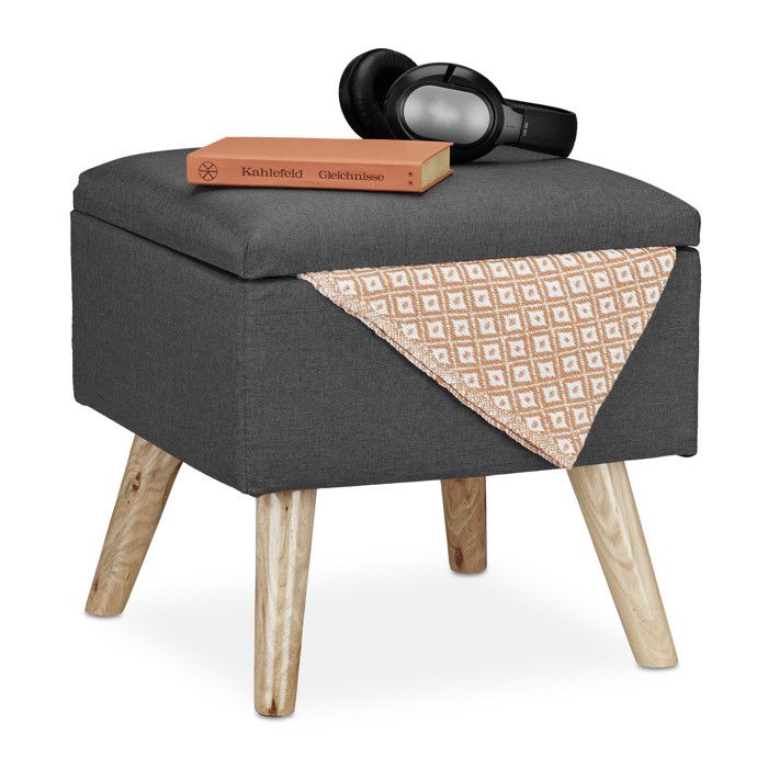Relaxdays Tabouret coffre revêtement en lin synthétique rembourré pieds en bois 40 x 40 x 40 cm gris