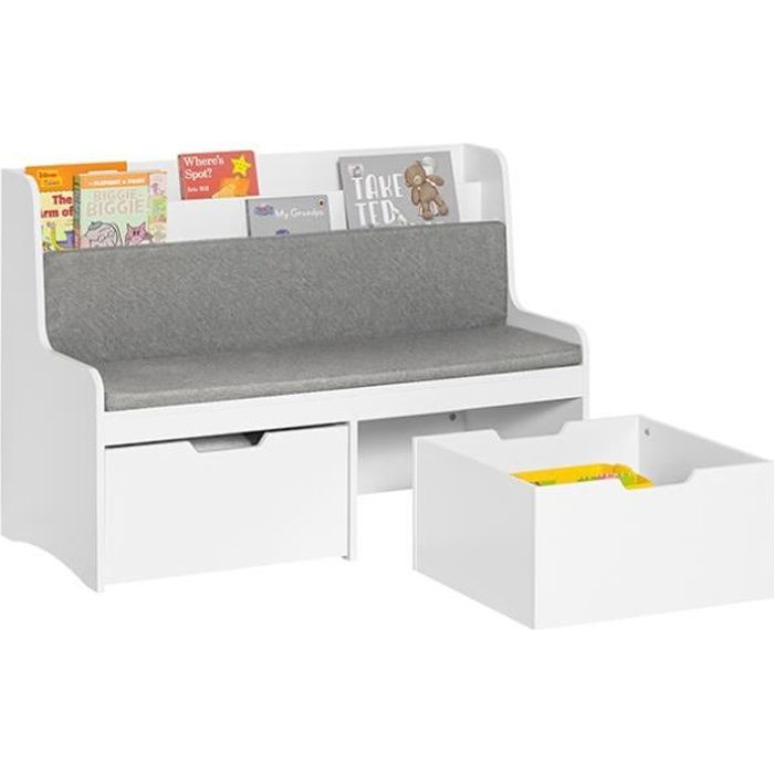 Coffre à Jouets Enfants KMB66-W SoBuy avec 2 Tiroirs sur Roulettes et Coussin dassise 100 x 45 x 70 cm Blanc