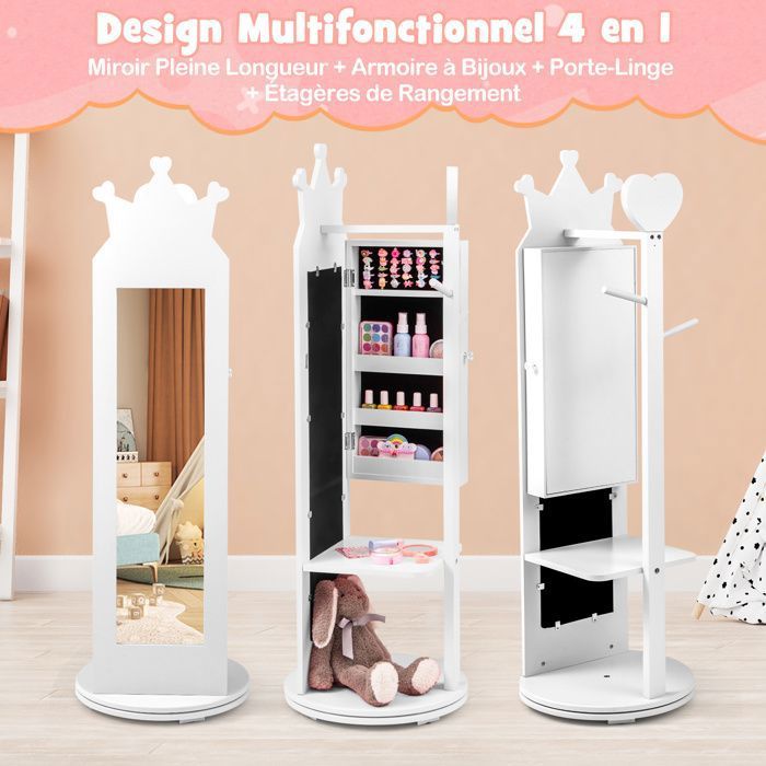 COSTWAY 3 En 1 Armoire à Bijoux Enfant Avec Miroir Pleine Longueur - Organisateur Cœur Blanc Anti-Bascule