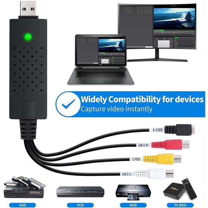 Convertisseur VHS vers numérique, Audio Vidéo USB Carte de Capture Transfère Le Format Hi8 VHS