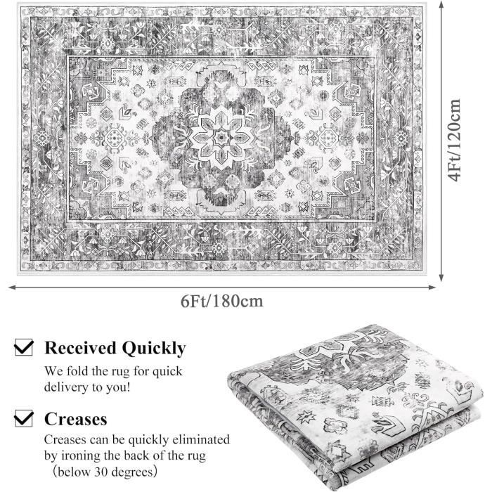 Tapis Vintage CHOSHOME 120x170cm - Lavable Machine - Doux Antidérapant - Salon, Chambre - Beige