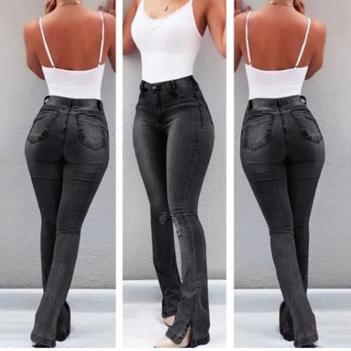 Femme Evase Pantalon Bootcut Stretch Push Up Pantalons en Denim Skinny Slim Taille Haute Decontracte Pants Noir Noir avec fente a la cheville Cdiscount Pret a Porter
