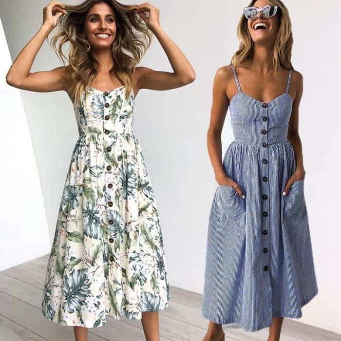 Robe Vintage d contract robe d t femme plage robe Midi bouton