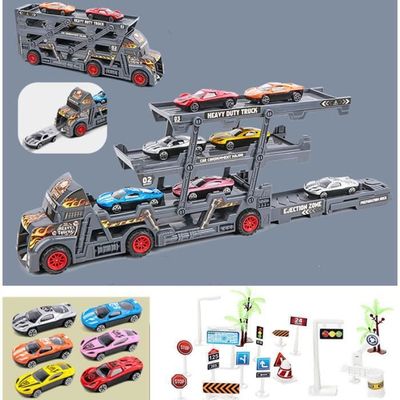Ensemble de jouets de camion de transport 7 en 1, modèle de camion porteur en alliage avec 6 petits véhicules d'ingénierie, jouet de construction de simulation pour enfants, (Noir, avec véhicule
