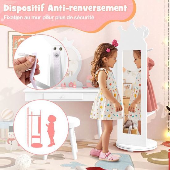 Armoire à Bijoux Enfant Avec Miroir - Organisateur Couronne, étagères, Anti-basculement, Blanc/rose
