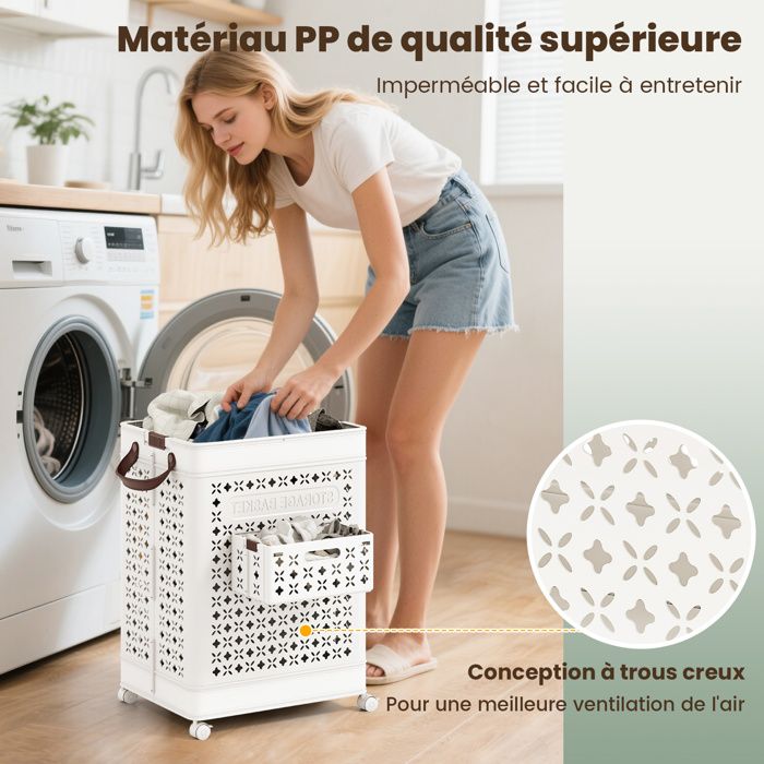 Lifewit Panier Linge Sale, Bac Linge avec Couvercle, Corbeille Linge avec Plastique Poignées et Sac Linge, Laundry Basket pour Buanderie, Chambre, Salle de Bain, 75 L, Beige
