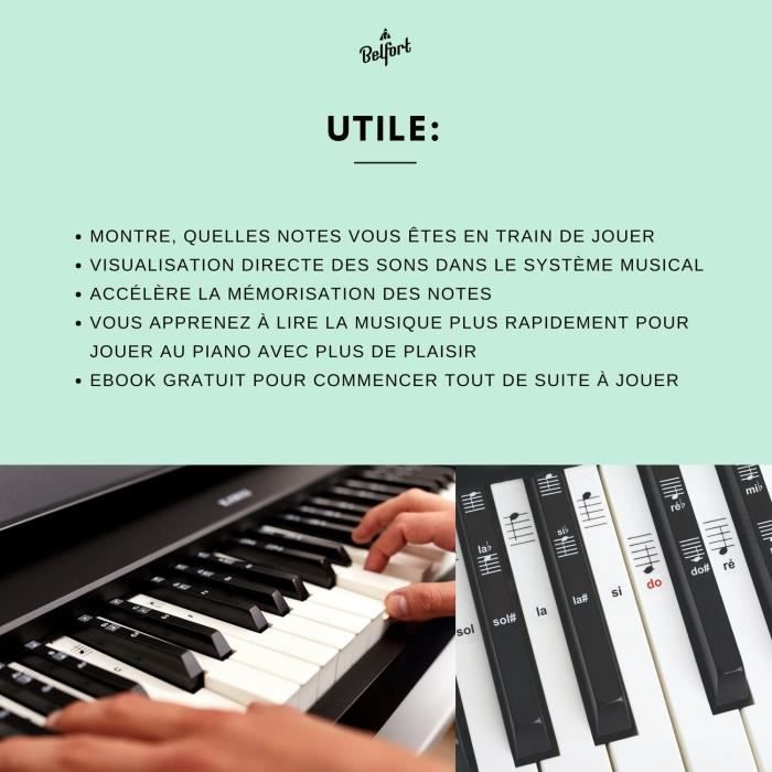 Autocollants de qualité supérieure pour touches de piano | piano/clavier |  avec manuel d'utilisation en allemand + eBook | pour 49/61/76/88 touches 