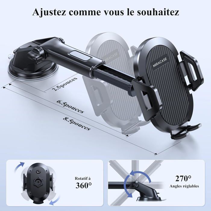 Support Voiture Smartphone Miracase Universel 4-7 Pouces - Ventouse Strong & Clip Airbag