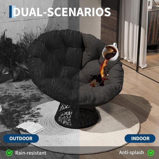 TecTake Fauteuil Papasan Rotin Pivotant 360° – Chaise Relax Ronde Avec Gros Coussin, Idéal Jardin, Balcon, Terrasse