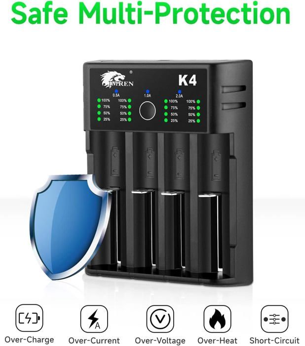 Chargeur 4 Baies Intelligent IMREN – Rapide 2000 MA Pour 18650, 21700, AA, AAA, Ni-MH & Li-ion