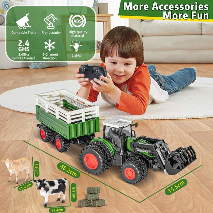 Joellfuner Moissonneuse-Batteuse Télécommandée – 2,4GHz, Tracteur Ferme 2 En 1, Remorque, Planteuse, Vache, Batterie 2x, Cadeau Enfant 3-12 Ans