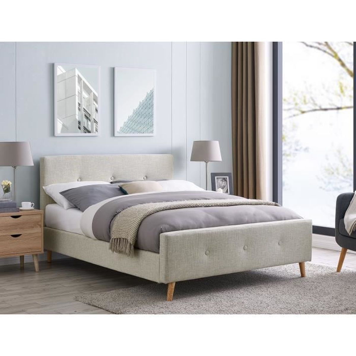 Lit Scandinave En Tissu Capitonne Taupe Greg 140x190 Cm Achat