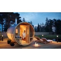 Sauna tonneau FinnTherm Sam - Pour 4 personnes - 220x280x228 (LxPxH) - Bois d'épicéa nordique - Avec auvent et bancs