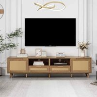 Meuble TV au design en rotin véritable, avec pieds réglables en bois massif, planches TV en rotin tressé, naturel, 200x37x49cm