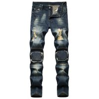 Street wear Hip Hop jeans hommes avec trou Casual Vintage fourche jeans skinny jeans moto bleu